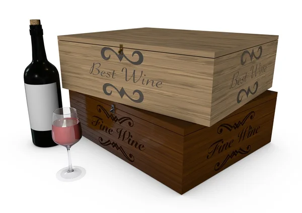 Caixas e garrafa de vinho tinto com vidro — Fotografia de Stock