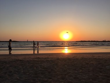 Tel Aviv, İsrail, Ortadoğu: frisbee kumsalda gün batımında oynayan bir çocuk