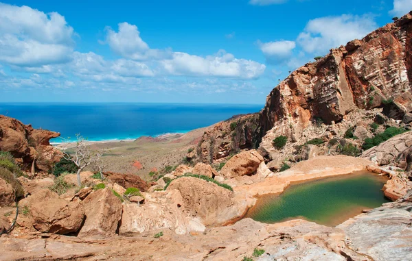 Socotra, Yemen, Medio Oriente: la vista mozzafiato sul Mar Arabico e il wadi, lago di montagna, nel cuore della foresta di alberi di Sangue di Drago all'interno dell'area protetta dell'Altopiano di Homhil sull'isola di Socotra, patrimonio mondiale dell'Unesco — Foto Stock