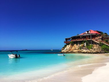 Saint Barthelemy (St Barth, St. Barths veya St. Barts): kumlu Saint Jean panoramik plaj ile lüks tesis Eden Rock görmek 