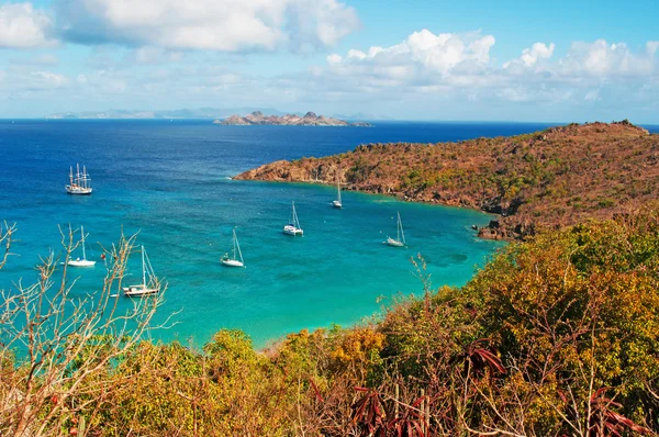 Saint Barthelemy (St Barth, St. Barths or St. Barts): aerial view of the secluded Colombier beach and bay, called Rockefeller beach because David Rockefeller owned the property around it — Stock Photo, Image