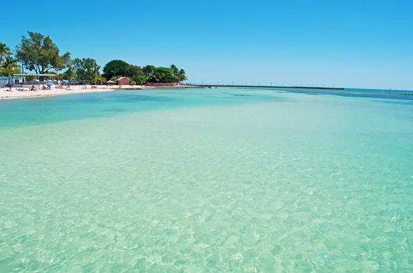 Higgs beach pier, palms, tourists, deck chairs, sun bathing, sea, Key West, Keys, Cayo Hueso, Monroe County, island, Florida