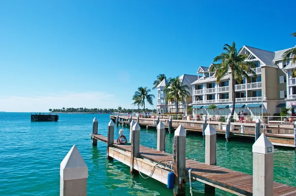 Key West: Palmen, ein Pier und die typische Skyline mit der historischen Key West Architektur, einer eklektischen Mischung aus über 3.000 Holzgebäuden aus der Zeit von ca. 1886 bis 1912 — Stockfoto