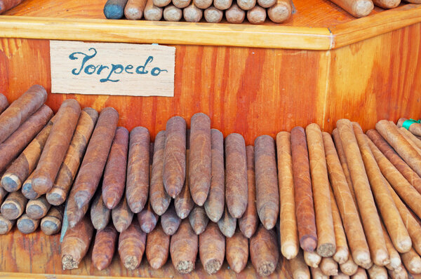 Key West: details of a stand of Torpedo cigar, a Figurado-shaped cigar with a straight body that tapers to a pointed head, in the Old Town