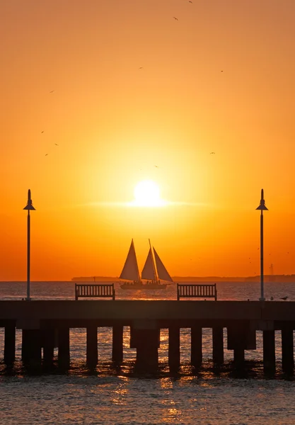 Key West: um veleiro que navega ao pôr do sol em frente ao porto da Cidade Velha — Fotografia de Stock