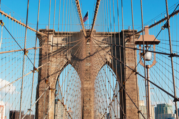 New York City, Usa, September 16, 2014: view of the Brooklyn Bridge, a hybrid cable-stayed/suspension bridge in New York City completed in 1883, connecting the boroughs of Manhattan and Brooklyn, spanning the East River