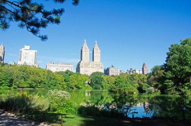 New York City: walking in Central Park, skyline with view of The San Remo (145 Central Park West), a luxury, 27-floor, co-operative apartment building in Manhattan opened in 1930 clipart