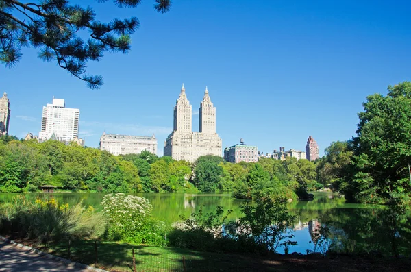 Ciudad de Nueva York: caminando en Central Park, horizonte con vista a The San Remo (145 Central Park West), un lujoso edificio de apartamentos cooperativos de 27 pisos en Manhattan inaugurado en 1930 — Foto de Stock