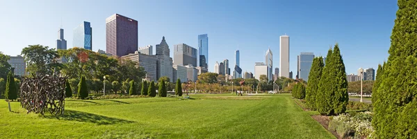 Chicago: horizonte panorámico de la ciudad con la escultura Hedgerow, realizada por la artista Lucy Slivinski e instalada en 2006 en Grant Park — Foto de Stock