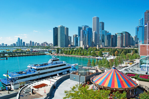Chicago: panoramic view of the skyline of the city seen from the Navy Pier, one of the most visited attraction in the entire Midwestern Usa 