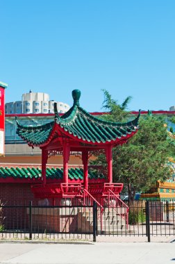 Chicago, Usa: skyline with the architecture of the Chinatown neighborhood, first settled in 1912, the second oldest settlement of Chinese in America after the Chinese fled persecution in California clipart