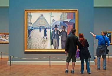 Chicago: ünlü Paris Caddesi arayan kişi; Yağmurlu bir gün, 1877 yağlıboya sanatçı Gustave Caillebotte, Chicago Sanat Enstitüsü hall tarafından