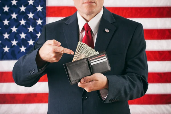 Politician: Man Gesturing To Wallet Full Of Cash — Stock Photo, Image