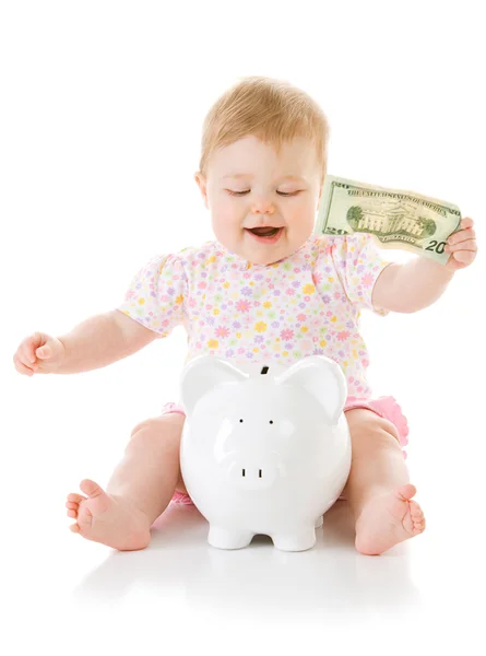Baba: Girl Baby indul megtakarítás a testület — Stock Fotó