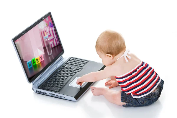 Baby: Little Girl Uses Laptop Computer — Stock Photo, Image