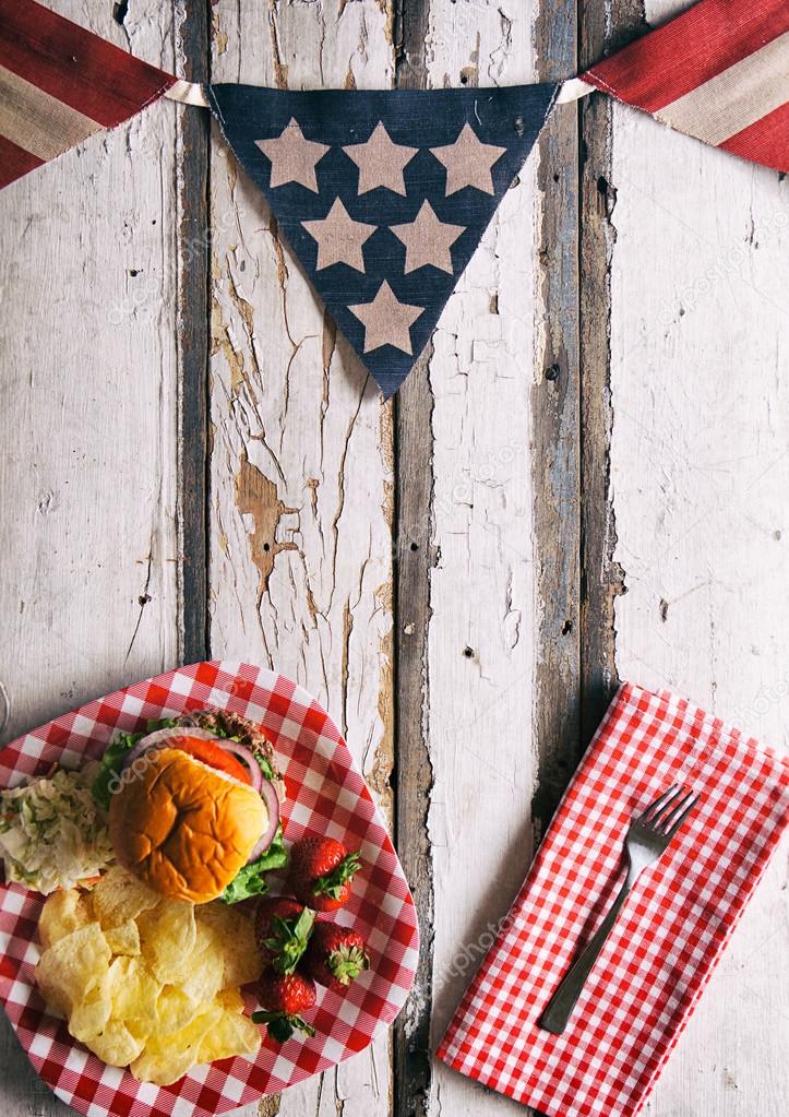 Summer Patriotic Summertime Cookout Background With Burger Stock Photo
