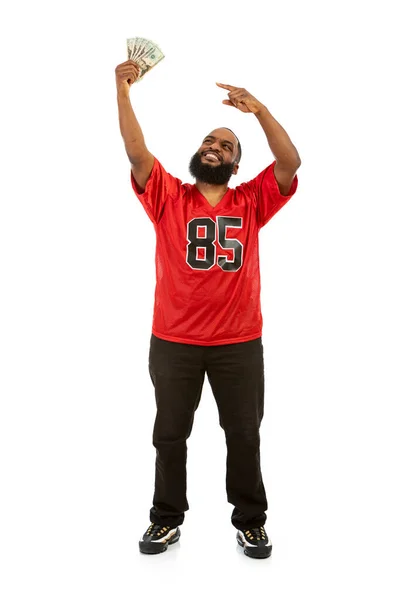 Een Afro Amerikaanse Man Een Voetbalploegentrui Verschillende Poses — Stockfoto