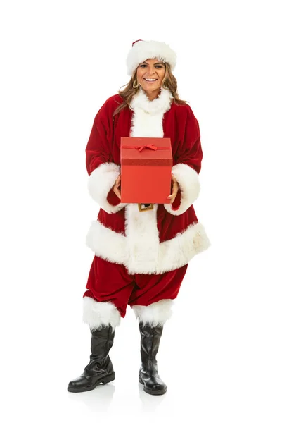 Vrouw Gekleed Kerstman Outfit Witte Achtergrond Diverse Poses — Stockfoto