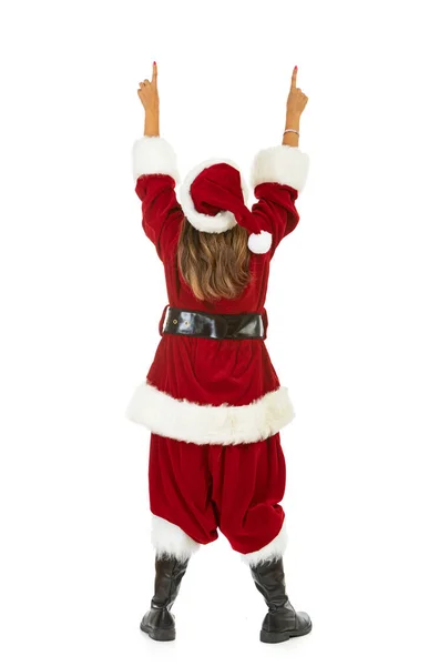 Kvinna Klädd Santa Claus Outfit Vit Bakgrund Olika Poser — Stockfoto