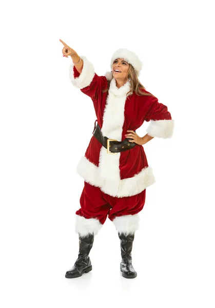 Vrouw Gekleed Kerstman Outfit Witte Achtergrond Diverse Poses Stockfoto