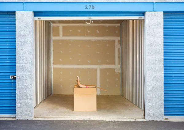 Caucasian Man Woman Various Props Typical Commercial Storage Unit — Stock Photo, Image