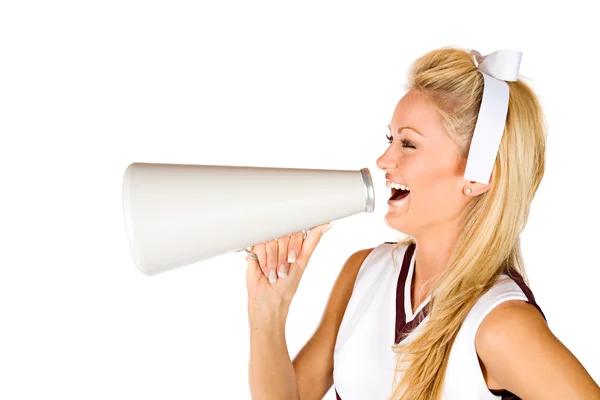 Football: Cheerleader Yelling Through Megaphone — Stock Photo, Image