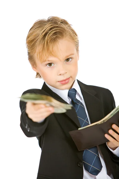 Zawód: biznes chłopiec oferuje kilka środków pieniężnych — Zdjęcie stockowe