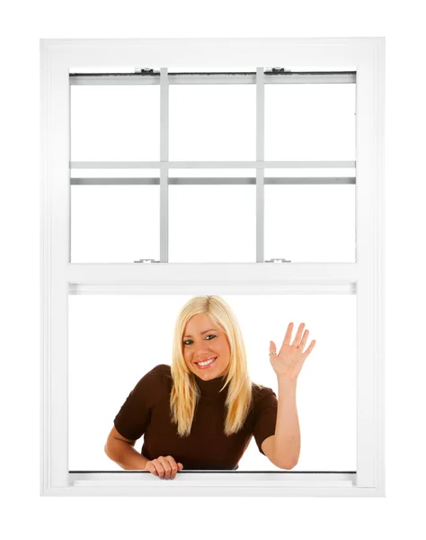 Fönster: vänlig kvinna vinkar en hälsning från fönster — Stockfoto