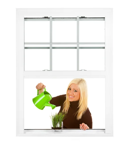 Janela: Mulher rega pequeno jardim da janela — Fotografia de Stock