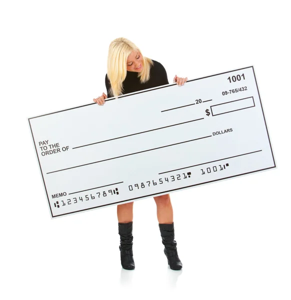 Casual: Pretty Woman Happy To Be Holding Large Blank Check — Stock Photo, Image