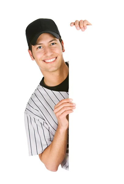Beyzbol: Neşeli oyuncu arkasında beyaz kart — Stok fotoğraf