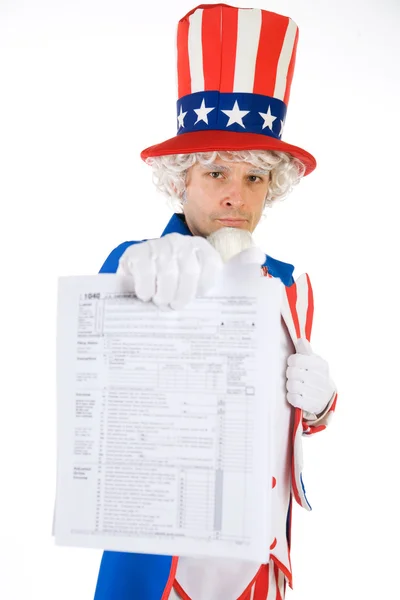 USA: Uncle Sam Holds Out Tax Forms — Stock Photo, Image