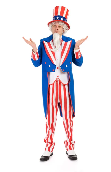 VS: Uncle Sam schouderophalend of onzeker — Stockfoto