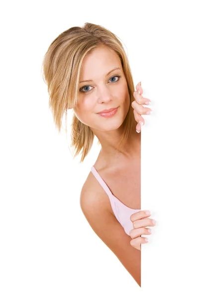 Pink: Pretty Woman Next To White Card — Stock Photo, Image