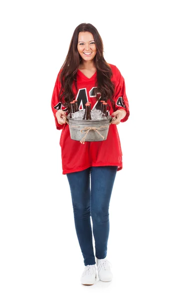 Football: Woman Holds Iced Bucket Of Beer — Stock Photo, Image