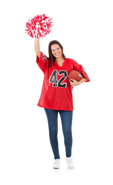 Fútbol: Mujer Saludos para el equipo con Pom Pom — Foto de Stock