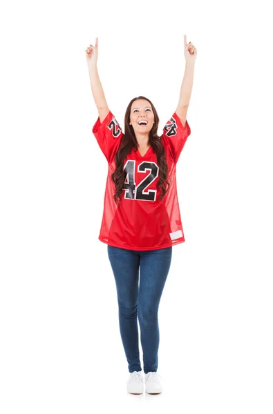 Football: Female Fan Pointing And Looking Up — Stock Photo, Image