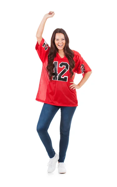 Football: Woman Cheering For Team With Fist In Air — Stock Photo, Image