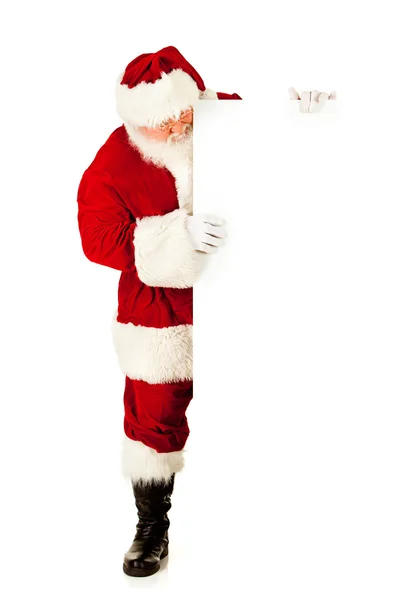 Santa: Stands By White Card With Plate Of Cookies — Stock Photo, Image