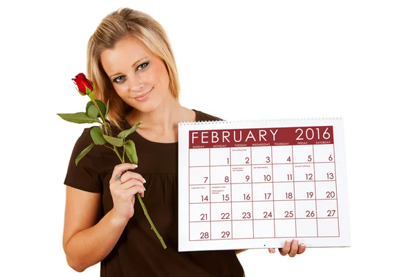Calendário de 2016: Realização de uma rosa dos namorados de fevereiro — Fotografia de Stock
