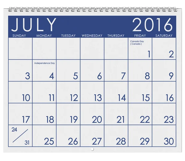 Calendario 2016: Mes de julio con el Día de la Independencia —  Fotos de Stock