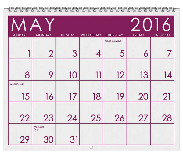 Kalender 2016: Monat Mai mit Gedenktag — Stockfoto