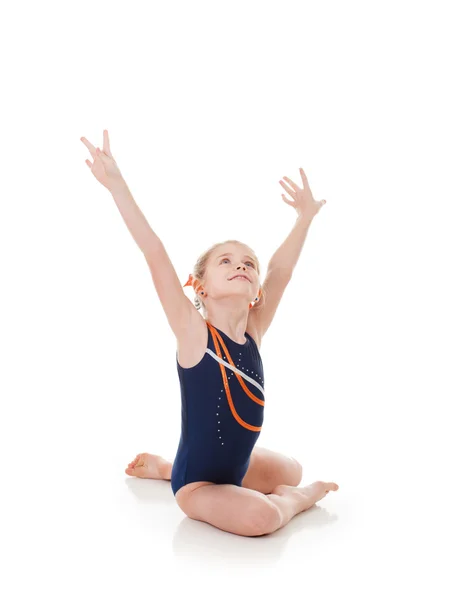 Gymnast: Young Girl Poses With Arms In Air — Stock Photo, Image