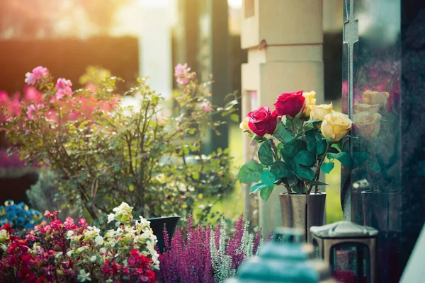 Cerca Hermosas Rosas Una Tumba Cementerio —  Fotos de Stock