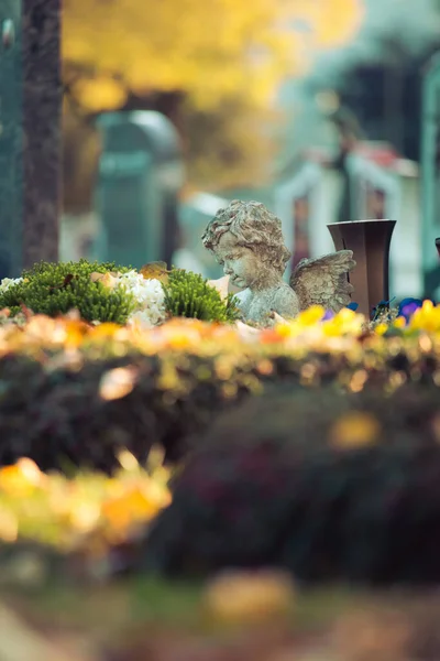 White angel on a grave at a cemetery, flowers