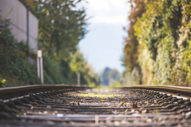 Sonbaharda terk edilmiş eski bir demiryolunun manzarası. Sıcak ışık, sürdürülebilir seyahat