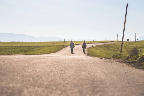 Two people are walking on an abandoned road