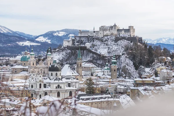 Panorama Salzburgo Inverno Centro Histórico Nevado — Fotografia de Stock