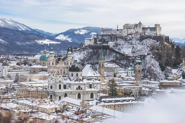 Panorama Salzburgo Inverno Centro Histórico Nevado — Fotografia de Stock