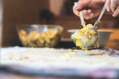 Mutfakta geleneksel Avusturya elmalı turtası hazırlayan kadına yakın durun.